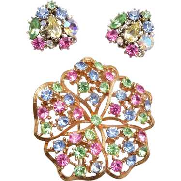 Pastel Colored Rhinestone Brooch and Earrings