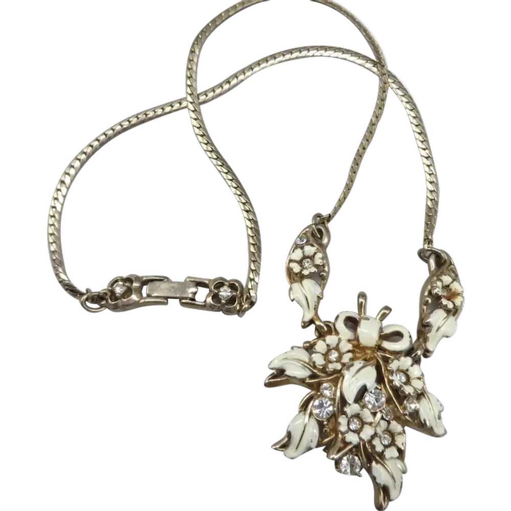Hollycraft Necklace, 1952 White Enamel Rhinestone… - image 1