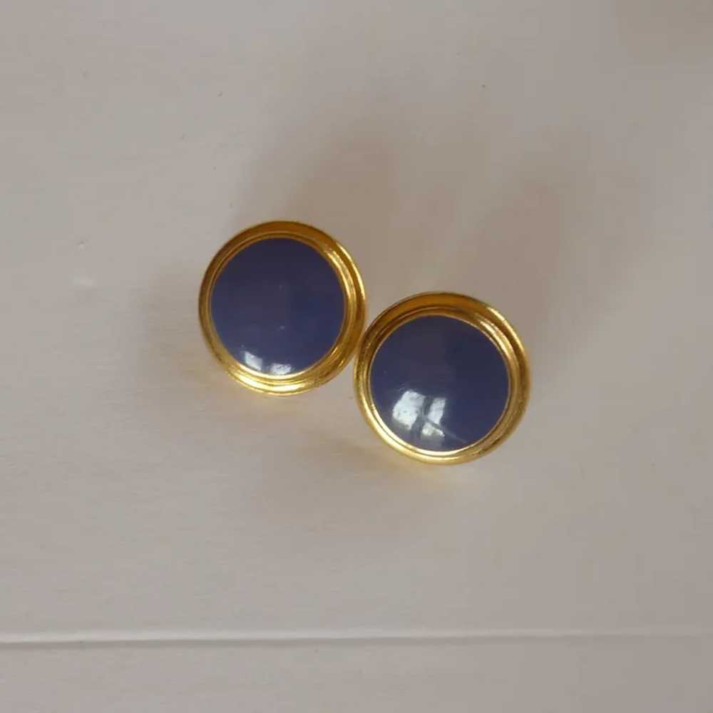 Purple Button Gold Tone Pierced Earrings - image 3