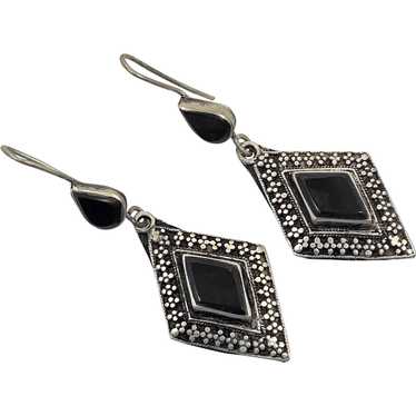 Black Earrings, Agate, Aqeeq Stone, Silver, Afgha… - image 1