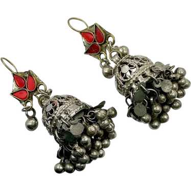 Afghan Earrings, Jhumka, Red Jewels, Vintage Earr… - image 1
