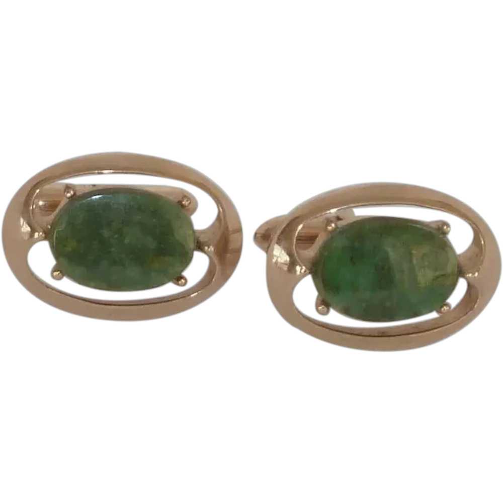 Gold Tone Oval Green Stone Cufflinks Cuff Links - image 1