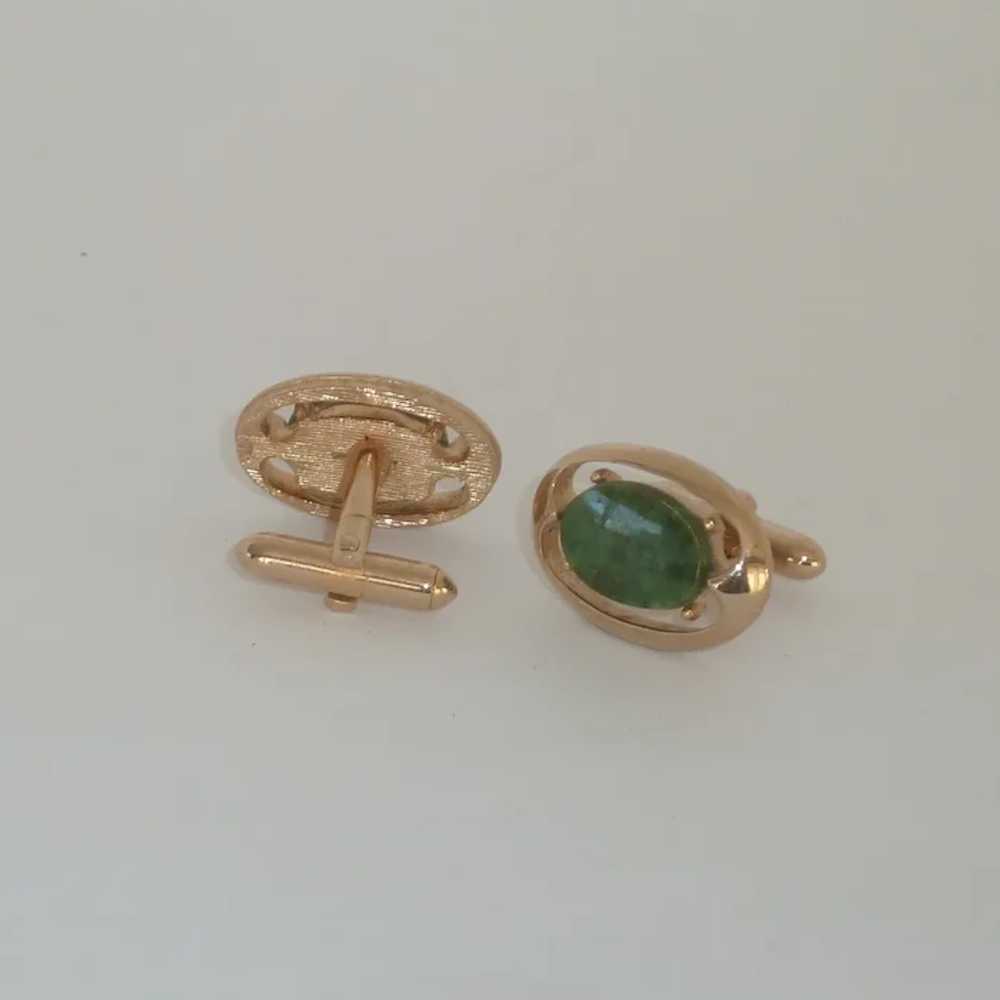 Gold Tone Oval Green Stone Cufflinks Cuff Links - image 2