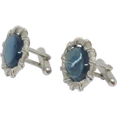 Silver Tone Blue Glass Stone Swank Cuff Links Cuf… - image 1