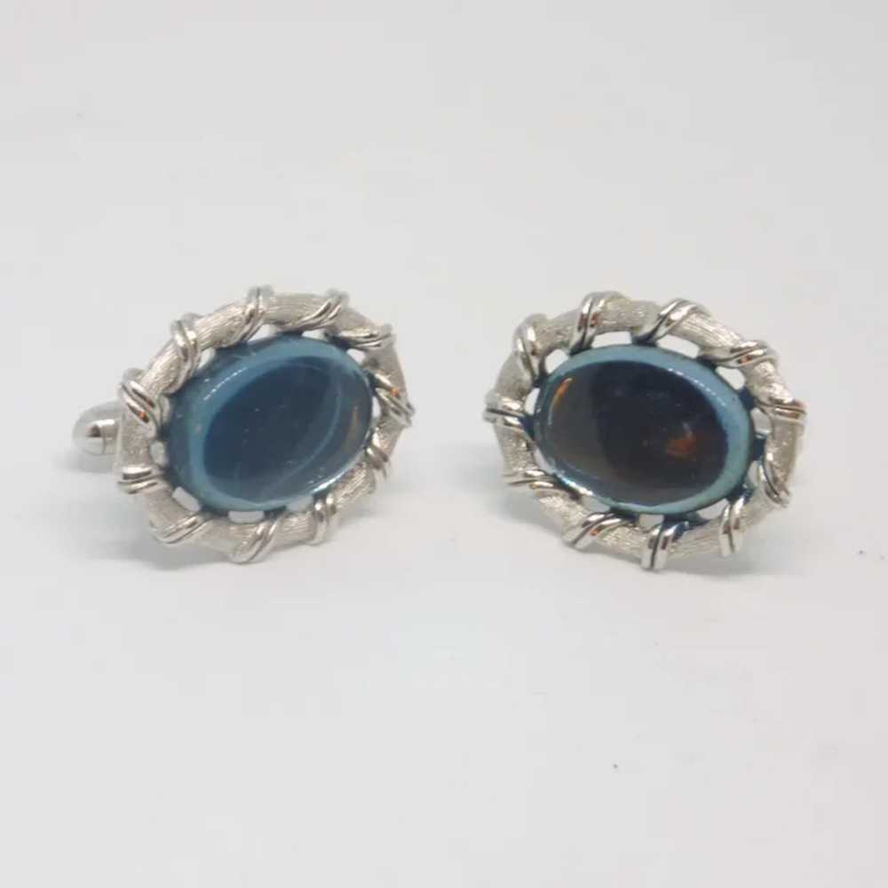 Silver Tone Blue Glass Stone Swank Cuff Links Cuf… - image 3