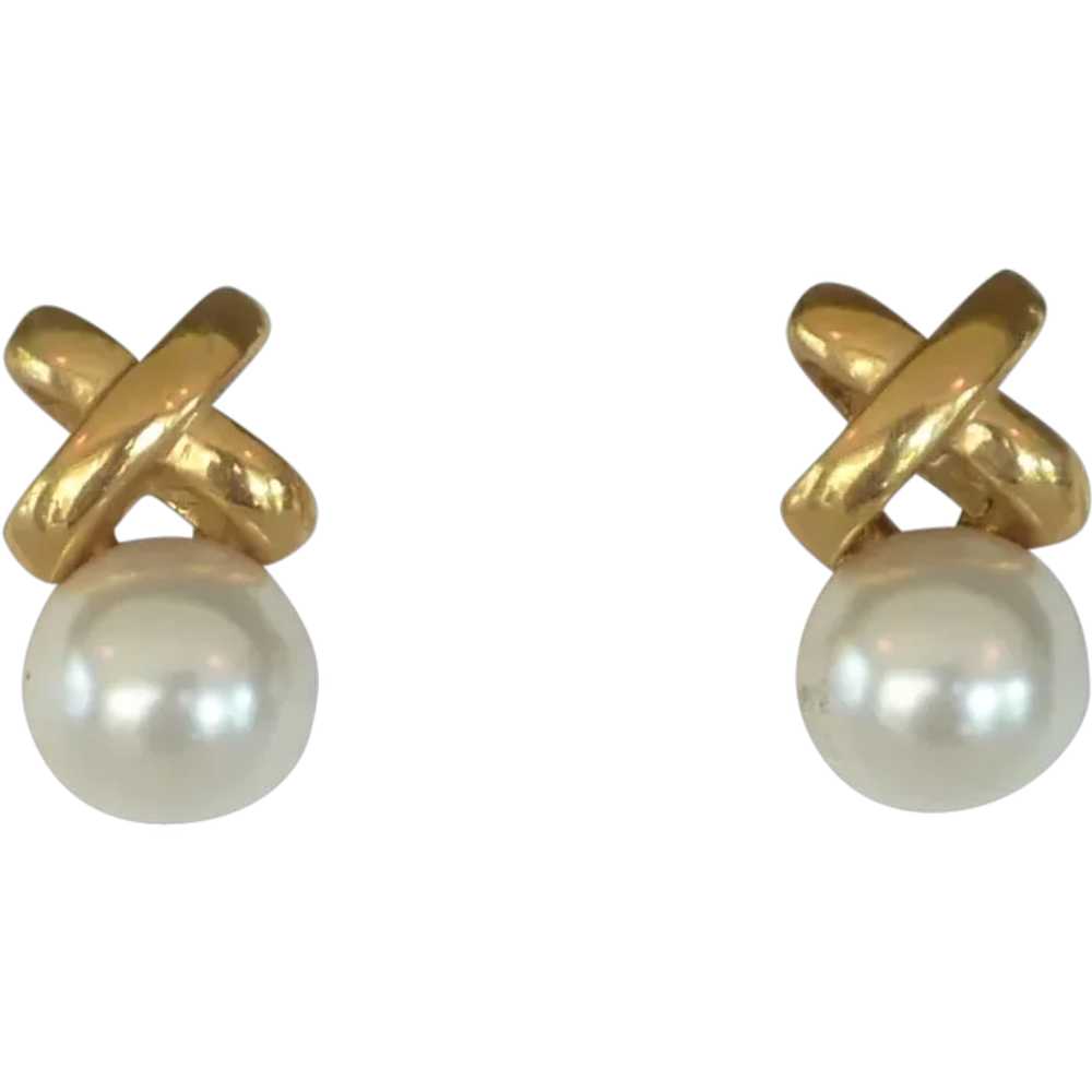 Faux Pearl Gold Tone Pierced Earrings - image 1