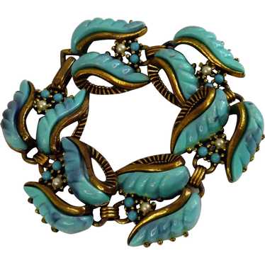 1950’s Gold Tone Blue Aqua Leaf Bracelet - image 1