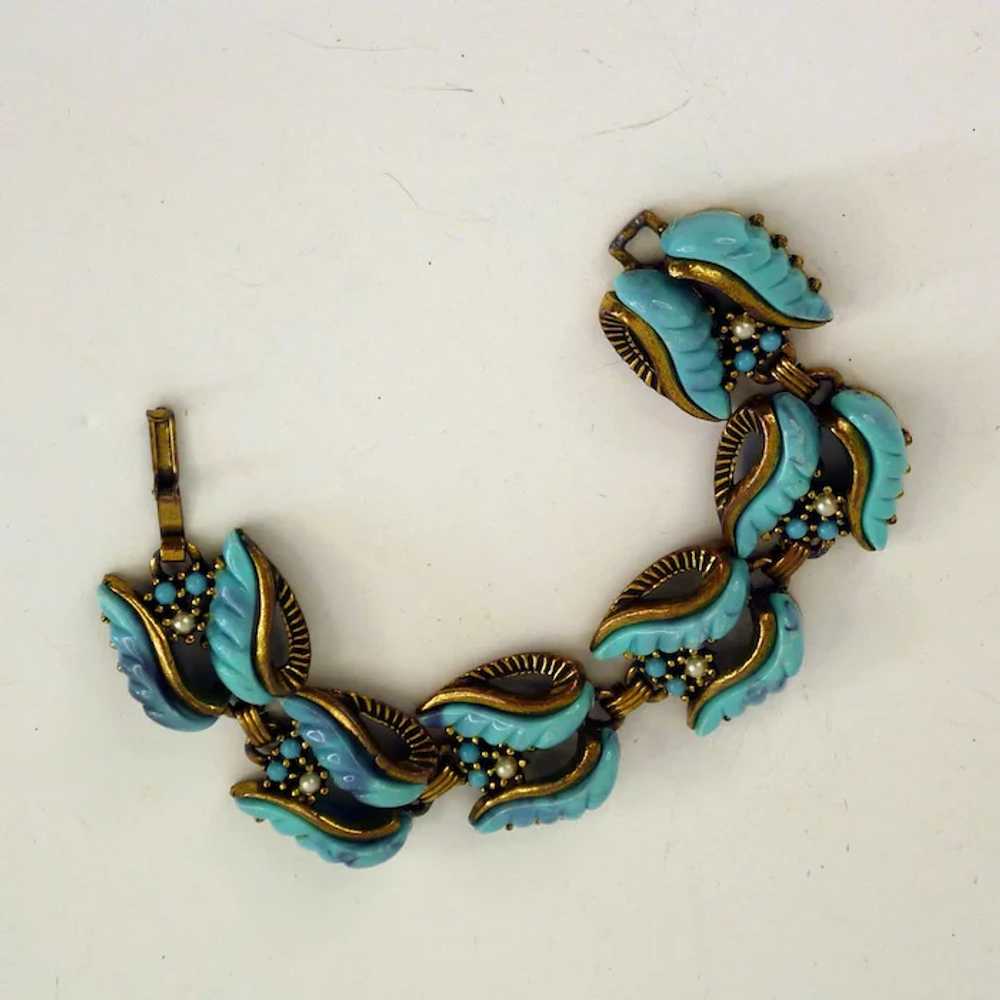 1950’s Gold Tone Blue Aqua Leaf Bracelet - image 2