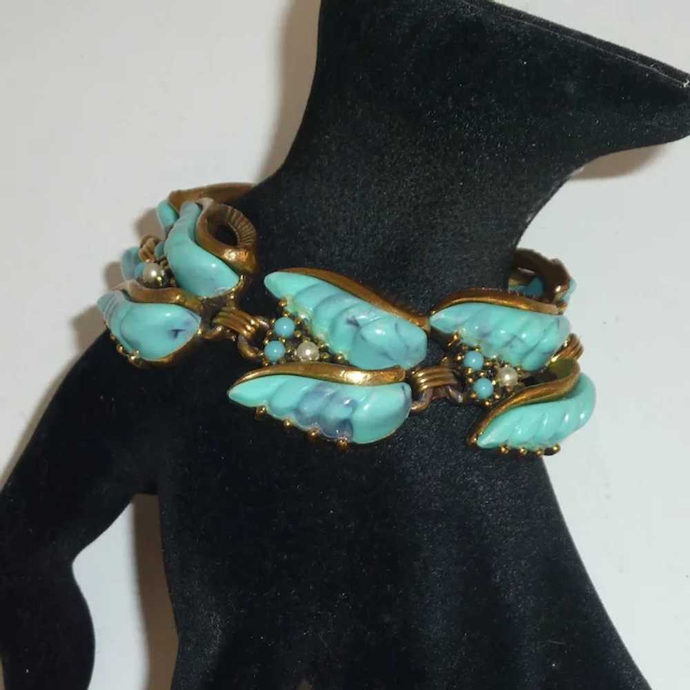 1950’s Gold Tone Blue Aqua Leaf Bracelet - image 3