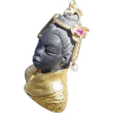 African Princess In Carved Obsidian & 18K Gold Wi… - image 1