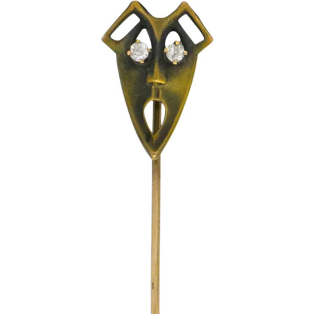Art Nouveau Diamond 10 Karat Gold Green Man Stick… - image 1