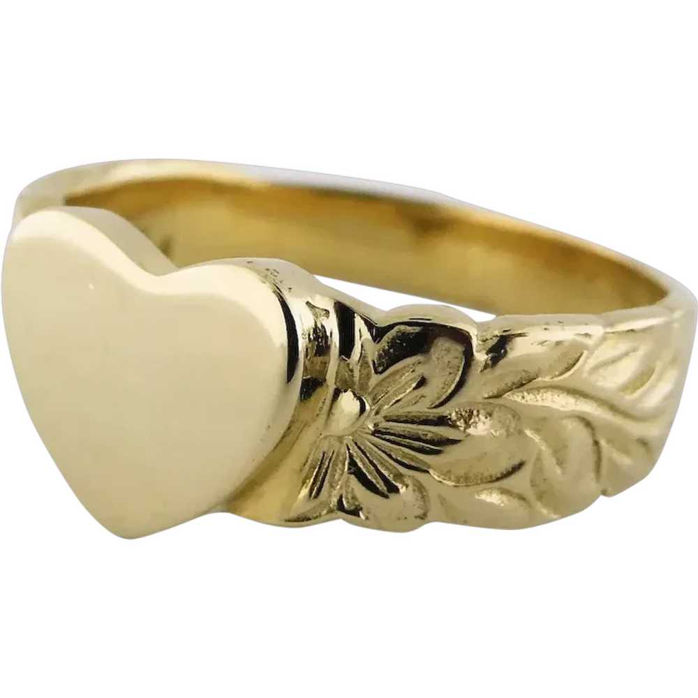 Vintage 14K Yellow Gold Heart Signet Ring with Fl… - image 1