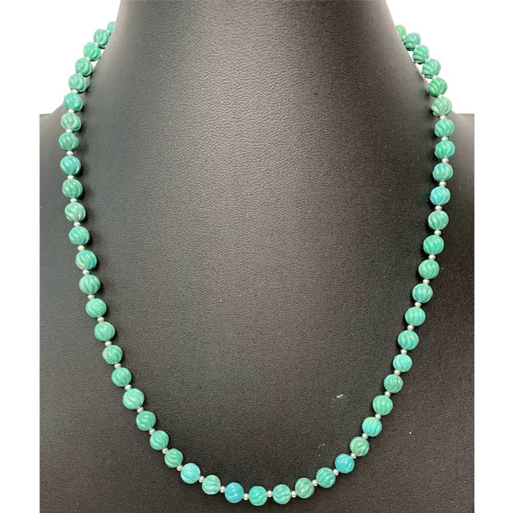 Carved Green Turquoise and Sterling Silver Beads - image 1