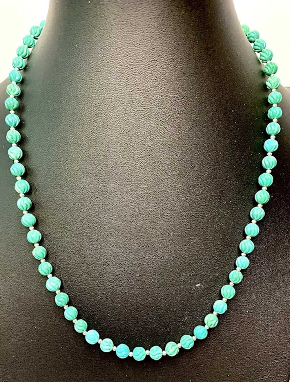 Carved Green Turquoise and Sterling Silver Beads - image 4