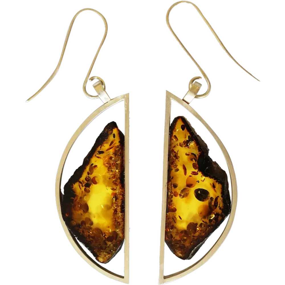 Huge Modern Earrings Baltic Amber Sterling Silver - image 1