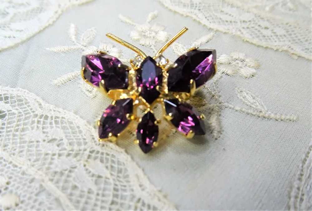 LOVELY Vintage Butterfly Pin, Faceted Amethyst Gl… - image 2