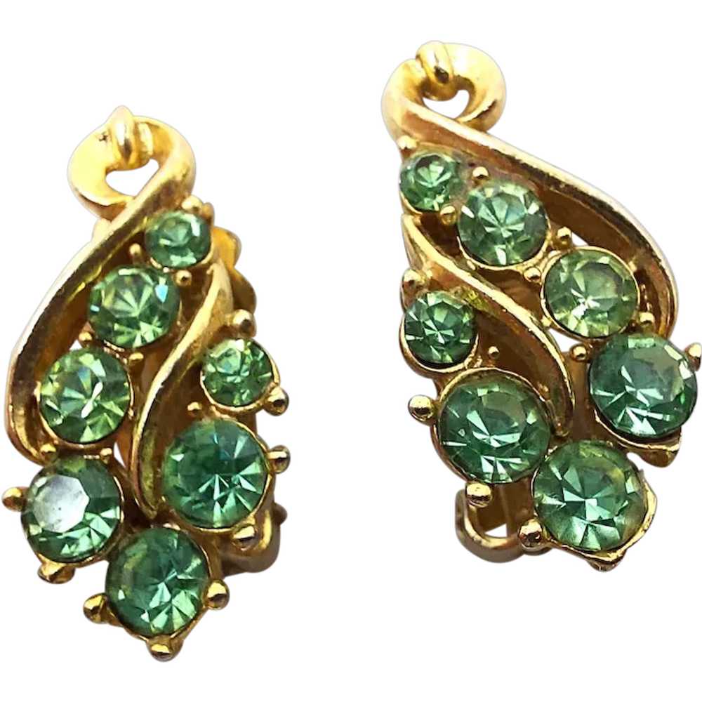 Vintage Green Rhinestone Clip On Earrings - image 1