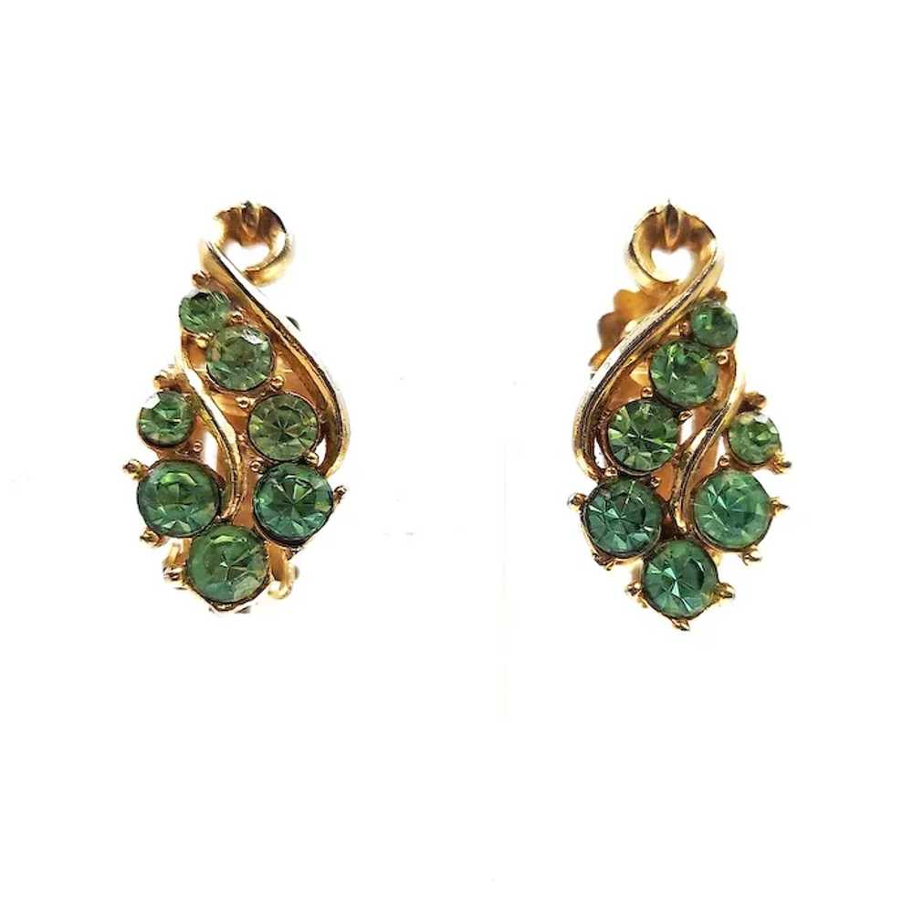 Vintage Green Rhinestone Clip On Earrings - image 2