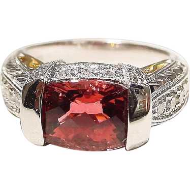 Red Tourmaline Diamond Ring 18K Intricate Filigree