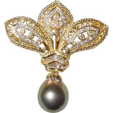 Ornate Black Cultured Pearl Diamond Brooch Pendan… - image 1