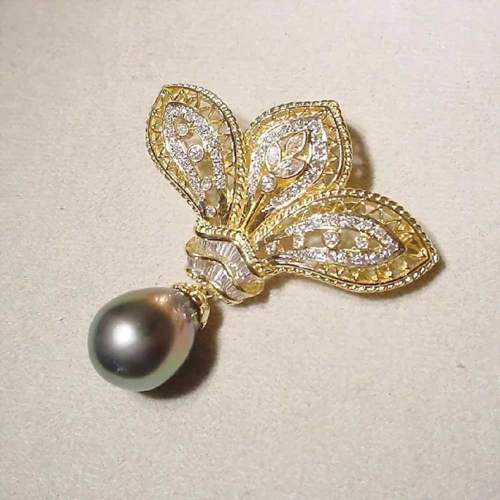 Ornate Black Cultured Pearl Diamond Brooch Pendan… - image 2