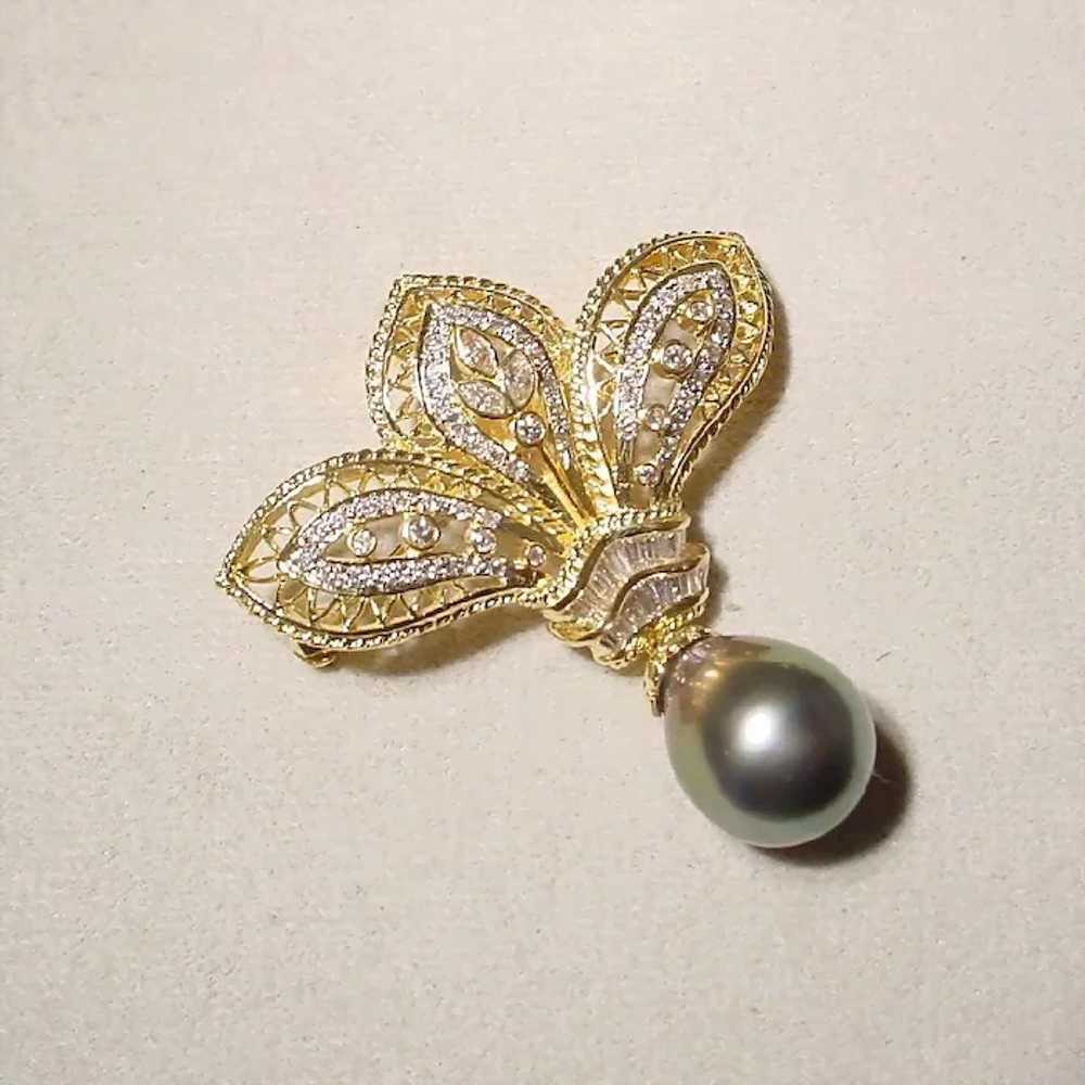 Ornate Black Cultured Pearl Diamond Brooch Pendan… - image 3