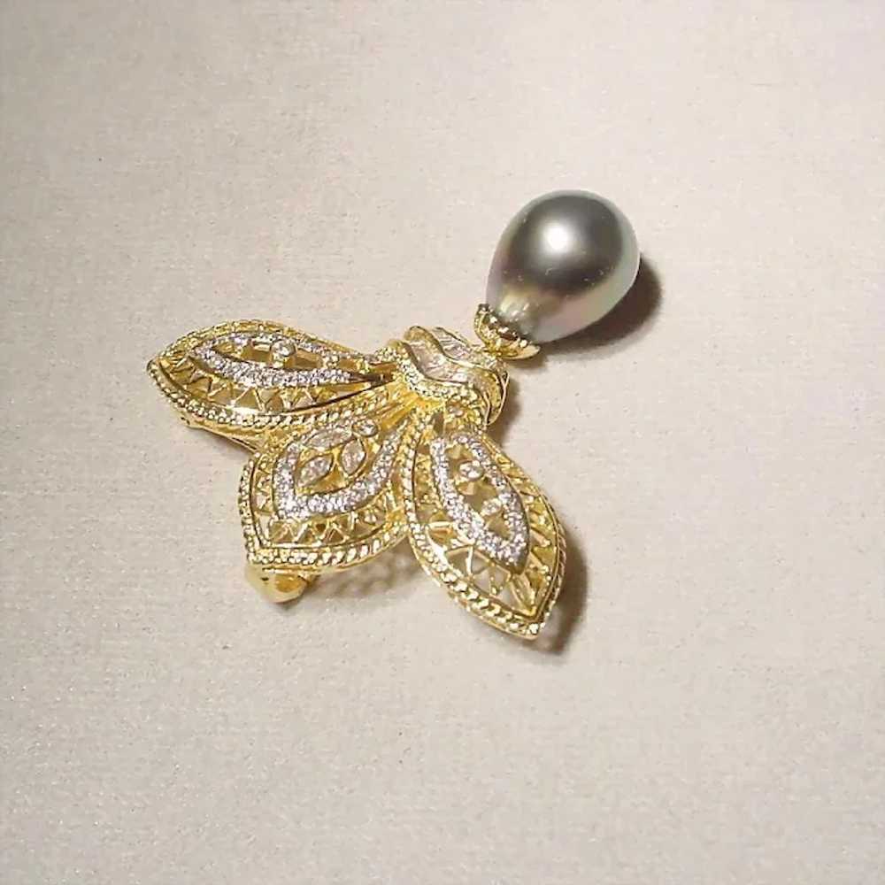 Ornate Black Cultured Pearl Diamond Brooch Pendan… - image 4