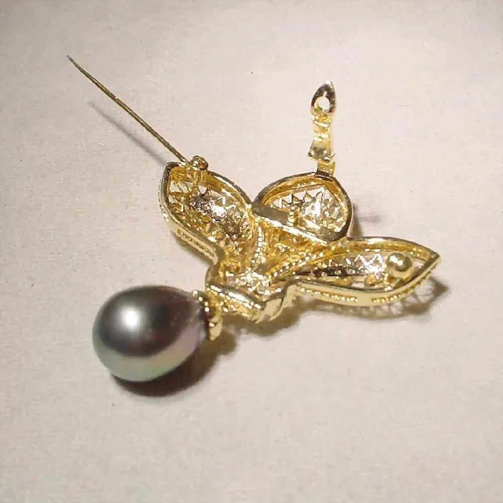 Ornate Black Cultured Pearl Diamond Brooch Pendan… - image 5