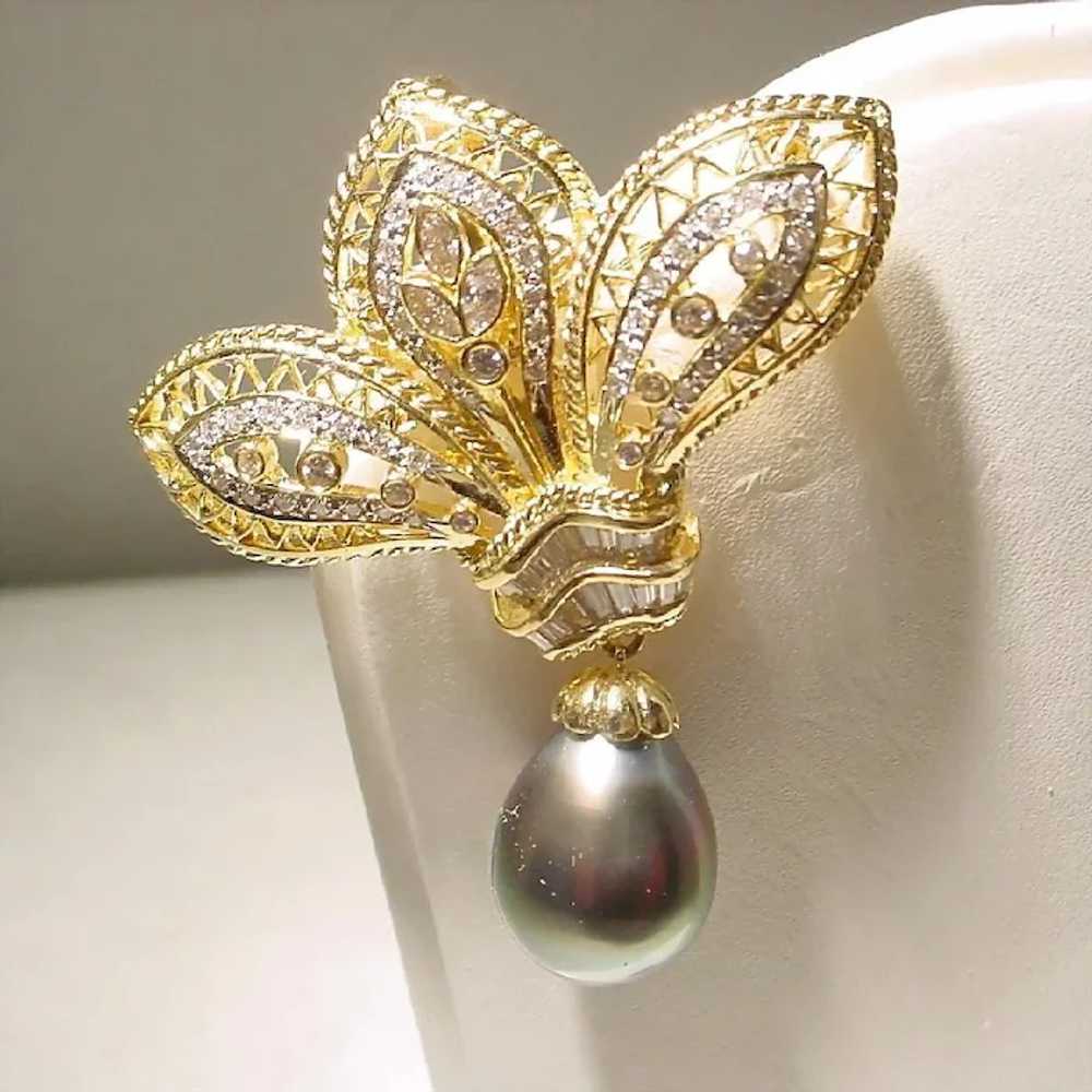 Ornate Black Cultured Pearl Diamond Brooch Pendan… - image 6