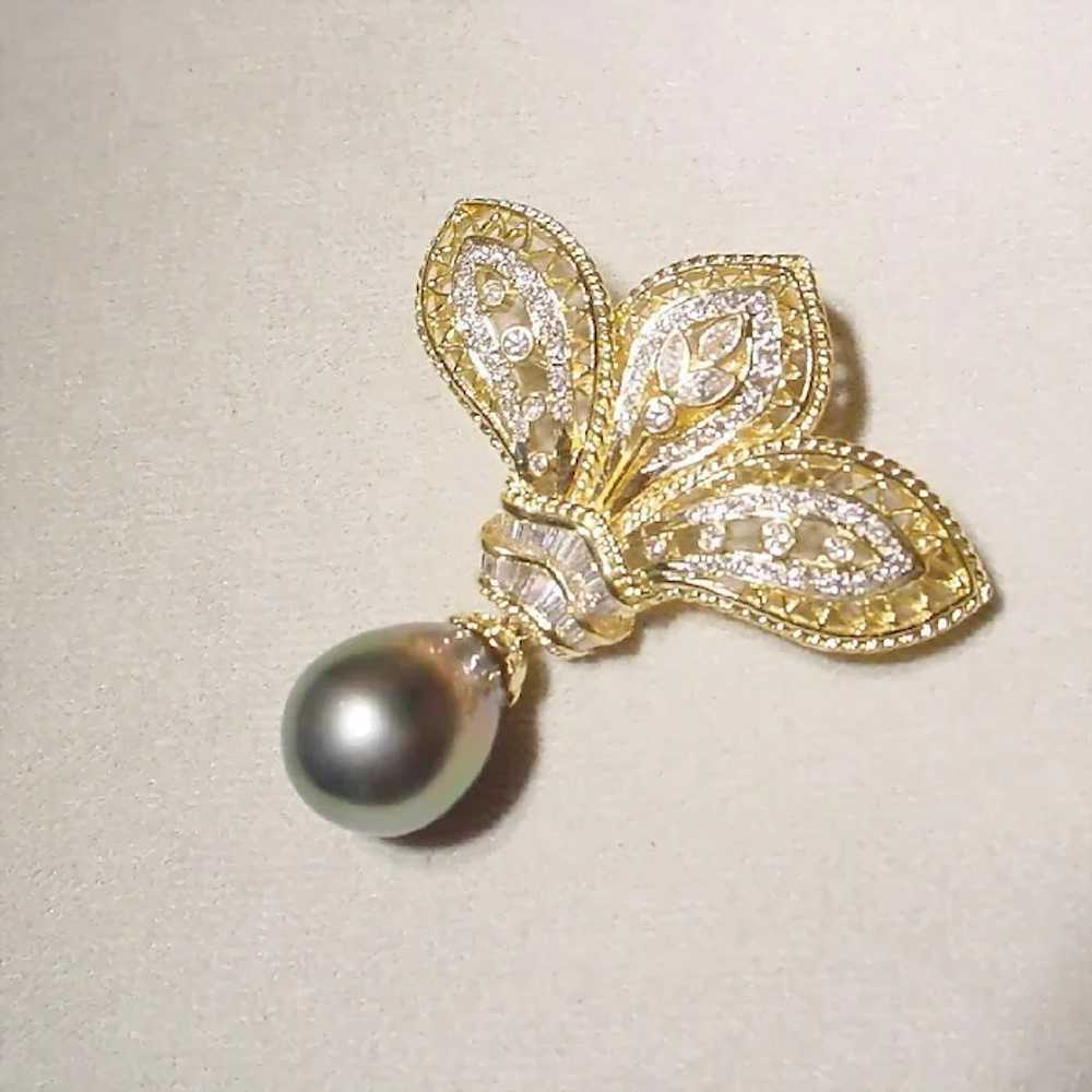 Ornate Black Cultured Pearl Diamond Brooch Pendan… - image 7