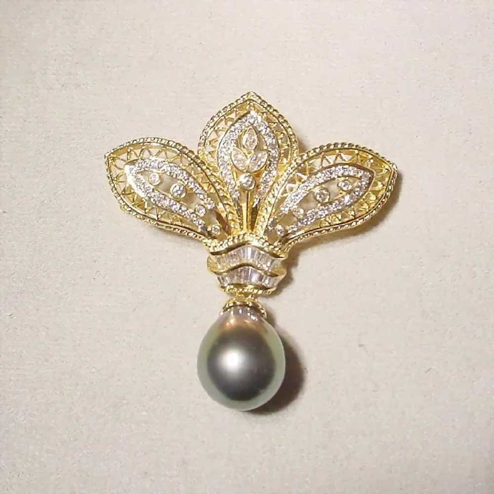 Ornate Black Cultured Pearl Diamond Brooch Pendan… - image 8