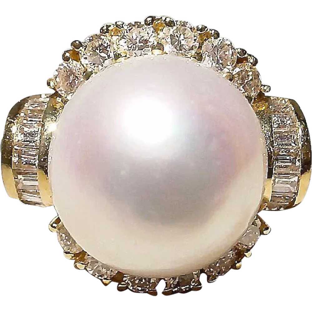 Fine South Sea Cultured Pearl Diamond Ring 18K 16… - image 1