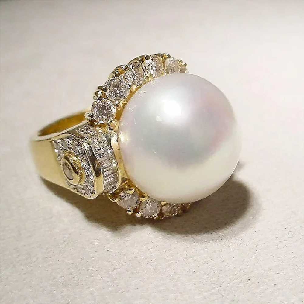 Fine South Sea Cultured Pearl Diamond Ring 18K 16… - image 2