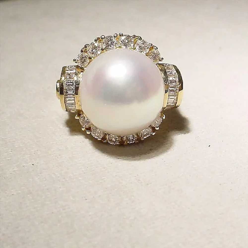 Fine South Sea Cultured Pearl Diamond Ring 18K 16… - image 4