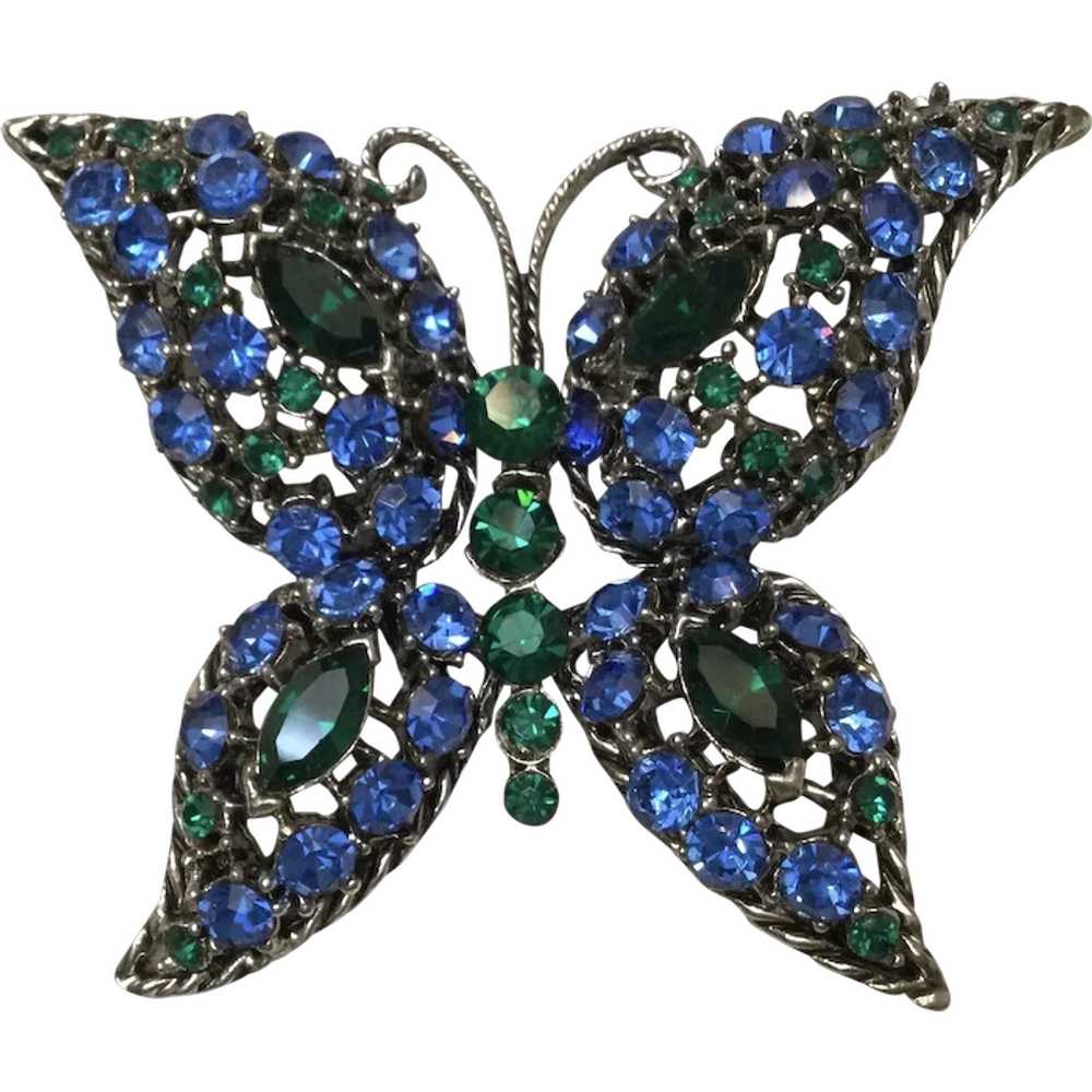 Spectacular Rhinestone Butterfly Brooch - Blue an… - image 1