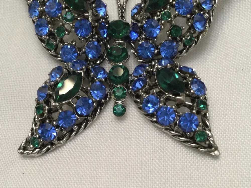 Spectacular Rhinestone Butterfly Brooch - Blue an… - image 2