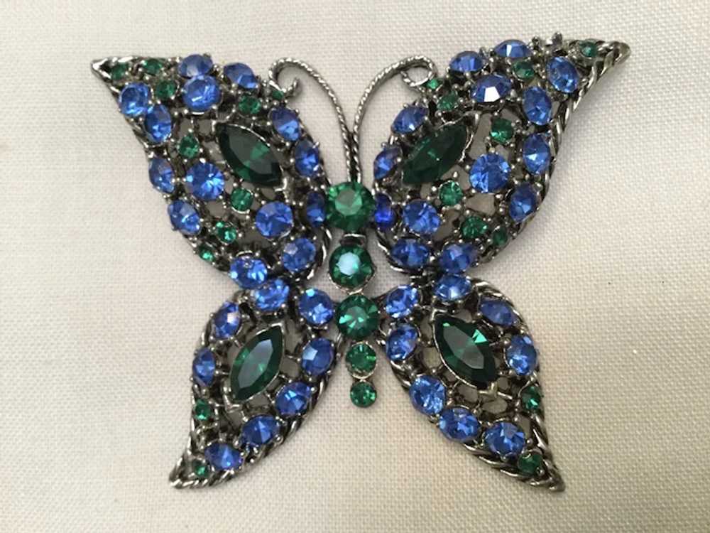 Spectacular Rhinestone Butterfly Brooch - Blue an… - image 4