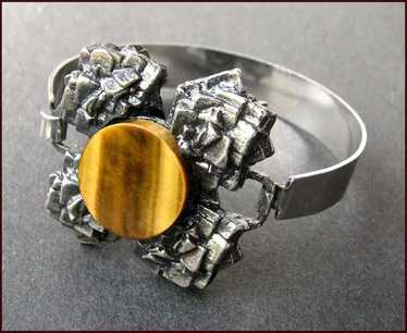 Modernist Sterling Silver & Tiger's Eye Bracelet - image 1