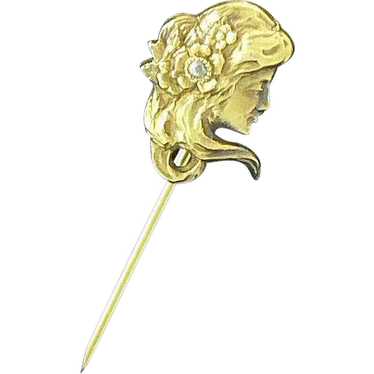 Beautiful Art Nouveau 10K Figural Stick Pin with … - image 1