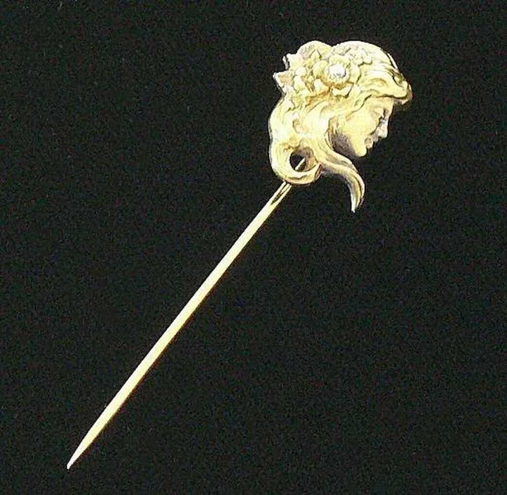 Beautiful Art Nouveau 10K Figural Stick Pin with … - image 3