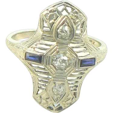 Art Deco 18K Gold Diamond and Sapphire Filigree R… - image 1