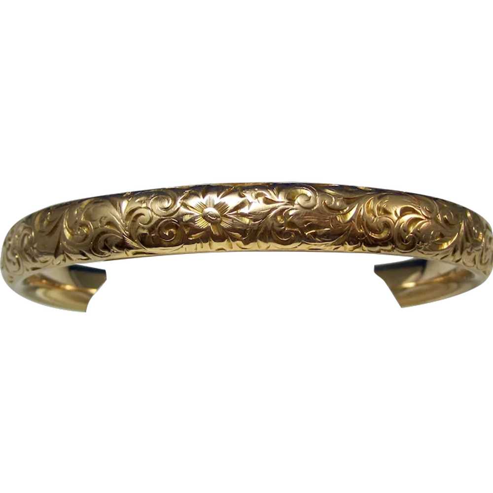 Antique Edwardian 14K Gold Bangle Inscribed Brace… - image 1