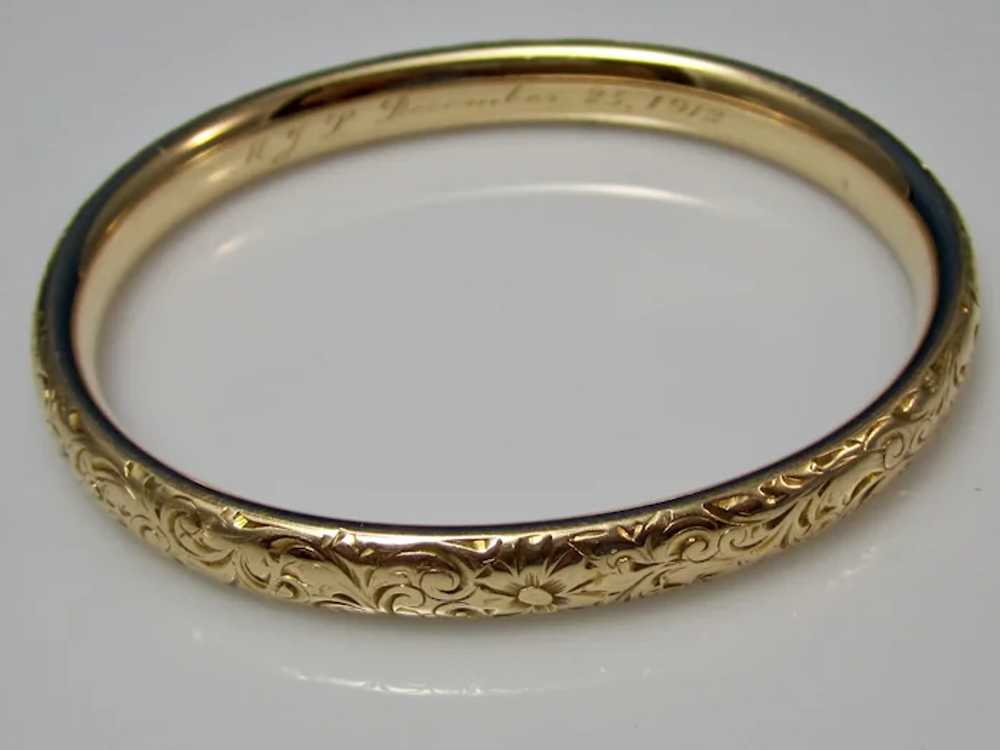 Antique Edwardian 14K Gold Bangle Inscribed Brace… - image 2