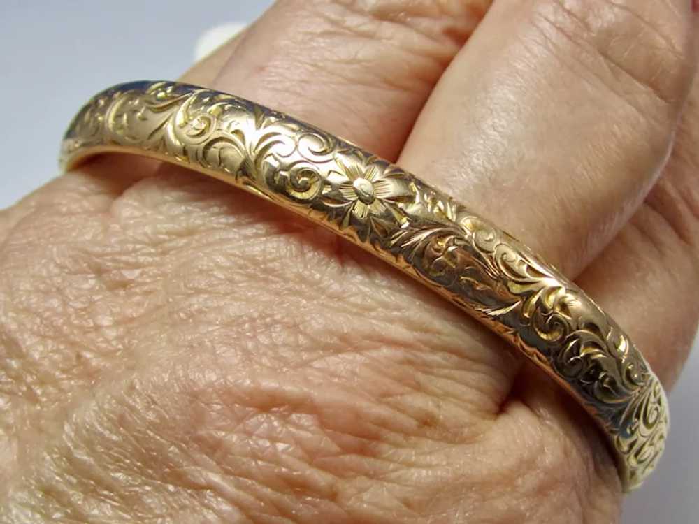 Antique Edwardian 14K Gold Bangle Inscribed Brace… - image 3