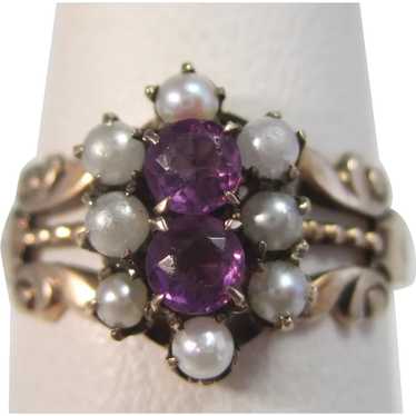 Antique Victorian Amethyst & Seed Pearl Ring 14K - image 1