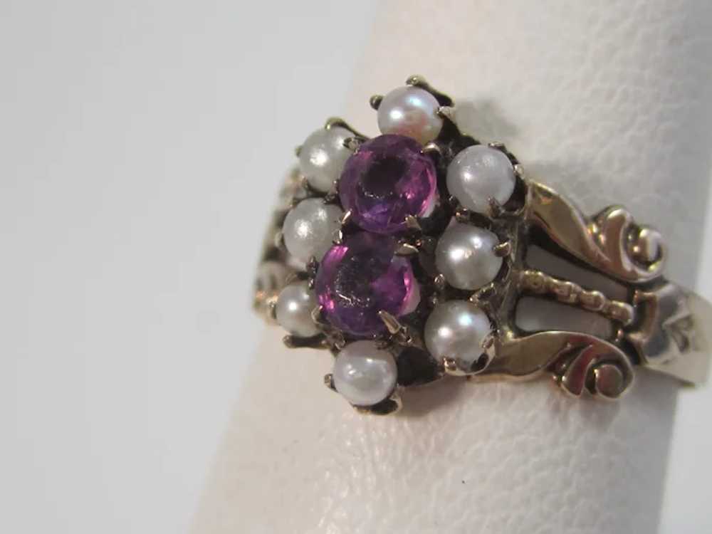 Antique Victorian Amethyst & Seed Pearl Ring 14K - image 2