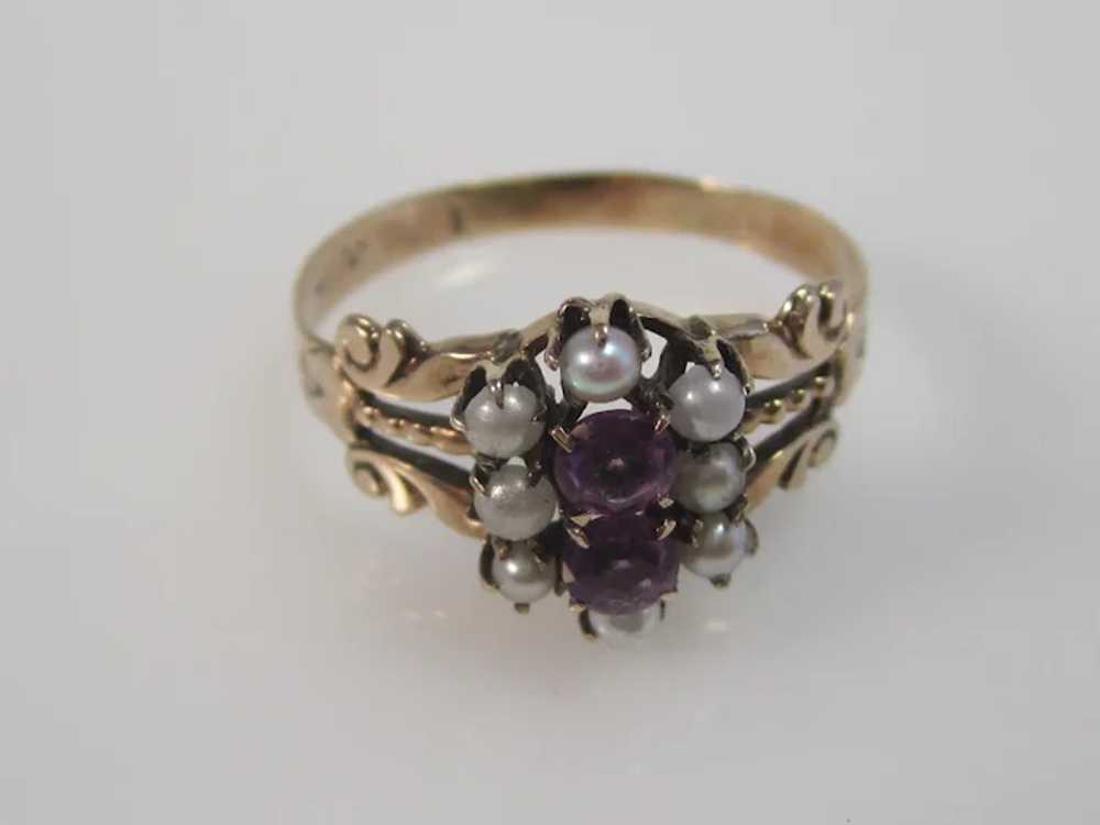 Antique Victorian Amethyst & Seed Pearl Ring 14K - image 3