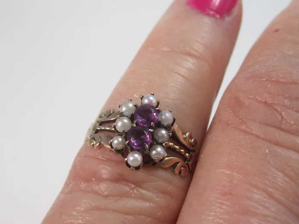 Antique Victorian Amethyst & Seed Pearl Ring 14K - image 4