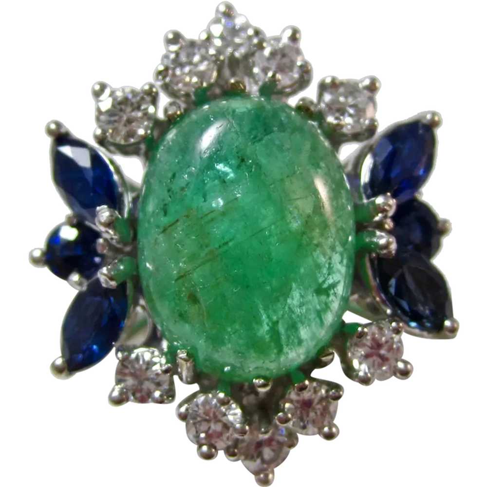 Vintage Estate Emerald, Sapphire, Diamond Engagem… - image 1