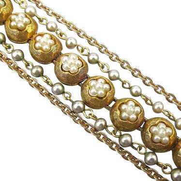 Signed ART Faux Pearl Goldtone Chains Bracelet